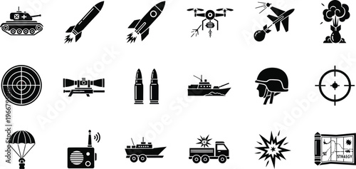 Black and white military icons a comprehensive collection of warfare and defense symbols