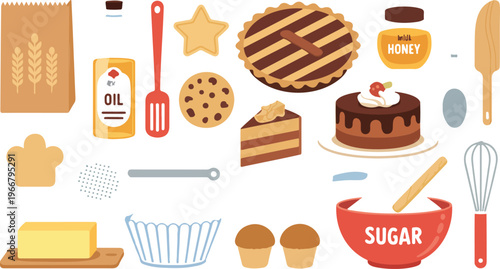 Cute cooking and baking ingredients vector set featuring chocolate cake, cookies, pie, donut, utensils, and kitchen supplies flat design