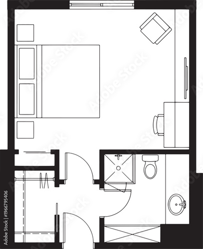 Detailed architectural plan showcasing a modern, minimalist hotel room layout with essential furnishings. 