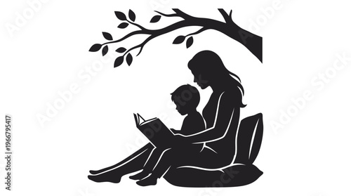 Peaceful silhouette of a mother and child sharing a quiet moment, reading a captivating story under the embrace of a gentle tree branch, fostering a love for knowledge and connection