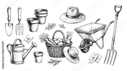 Collection of vintage gardening tools and harvest including a ink engraving line black png
