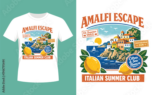 Vintage Amalfi Escape Italian Summer Club T Shirt Design with Lemons Coastal Village Sailboat and Mediterranean Illustration