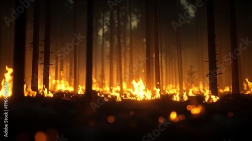 Forest Inferno: A haunting image of a forest consumed by a raging fire, with flames dancing amidst the tall trees, painting a scene of destruction.