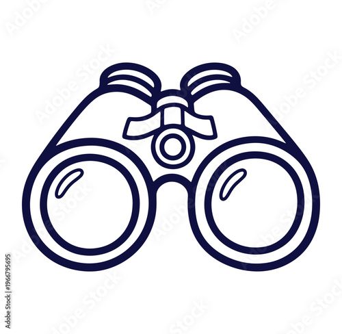 Detailed dark blue line art illustration of binoculars on a white background