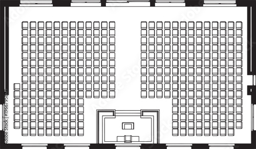 A top-down view of a historic building floor plan, showcasing rows of chairs, a stage, and a sense of architectural grandeur. 