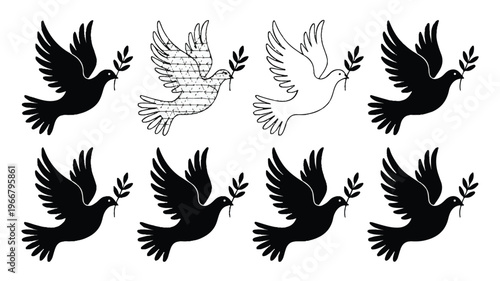 Dove silhouettes with olive branches in various styles and patterns