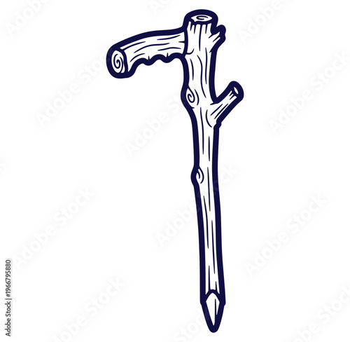 Hand drawn cartoon illustration of a walking stick crafted from a branch isolated