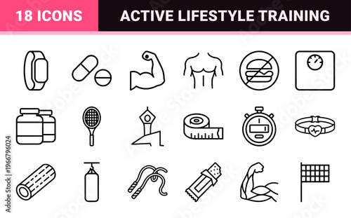 Fitness and Bodybuilding Minimalist Monoline Outline Symbols for Gym Apps and Wellness Tracking Geometric Line Art Design