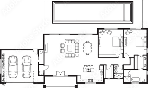 Architectural blueprint showcasing a modern house with a pool and garage.
