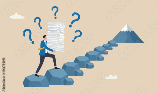 Effort or,boulder uphill mountain peak challenge to career ladder, motivation or efficiency concept, businessman carry heavy document paper step on growth graph.