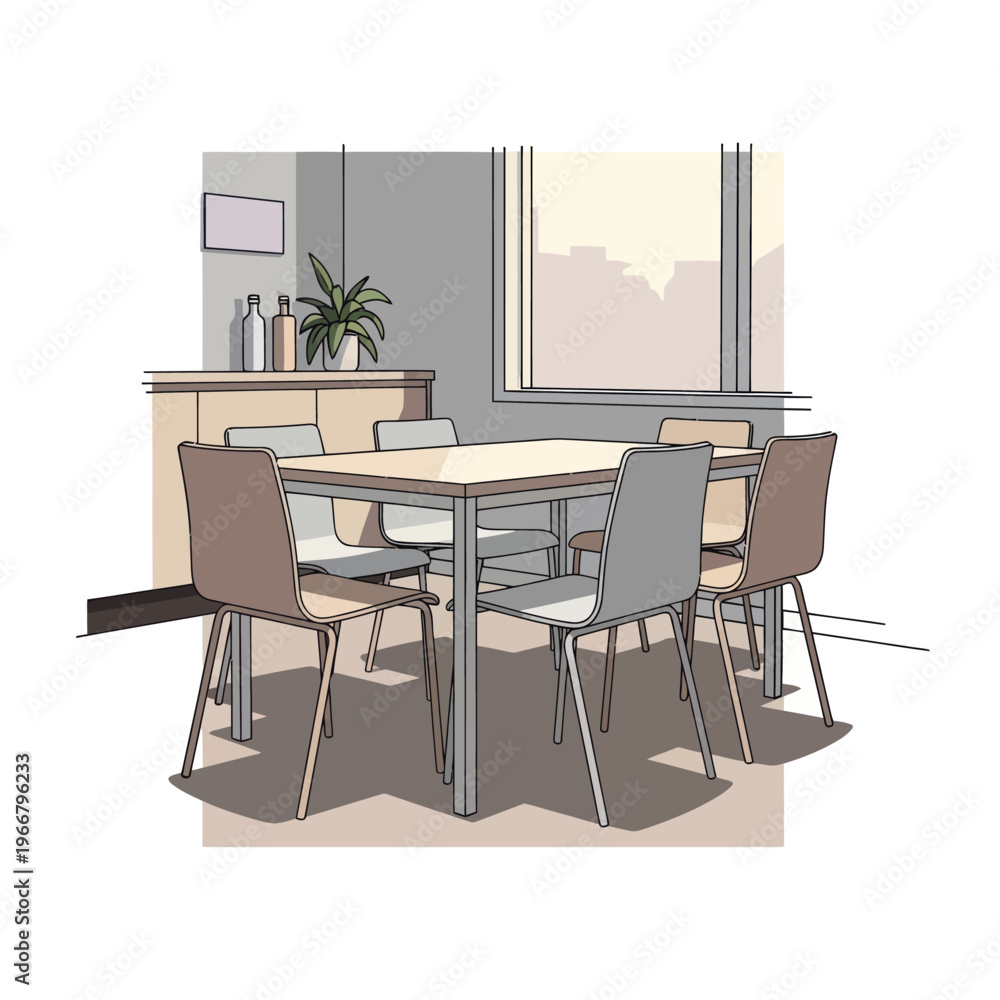 Fototapeta premium Modern Dining Table and Chairs in a Bright Room.