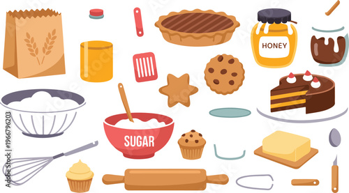 Cute cooking and baking ingredients vector set featuring chocolate cake, cookies, pie, donut, utensils, and kitchen supplies flat design