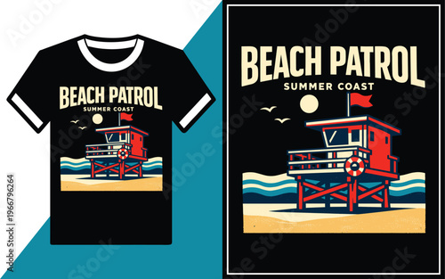 Beach Patrol Summer Coast T‑Shirt Design with Lifeguard Tower, Ocean Waves and Retro Sunset Illustration