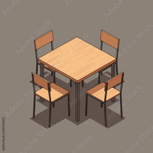 Isometric Wooden Table and Chairs Set for Dining or Study.