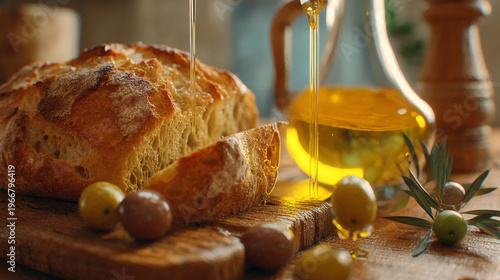 A rustic loaf of bread with olive oil being poured over it on a wooden cutting board