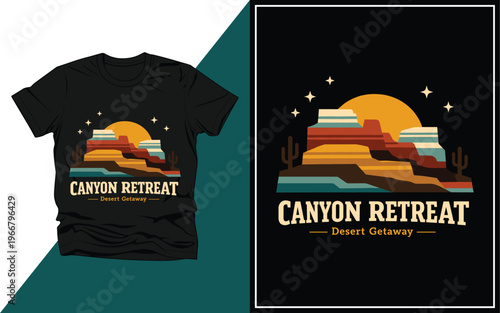 Canyon Retreat Desert Landscape Illustration – Retro Sunset Mountain Travel T‑Shirt Design
