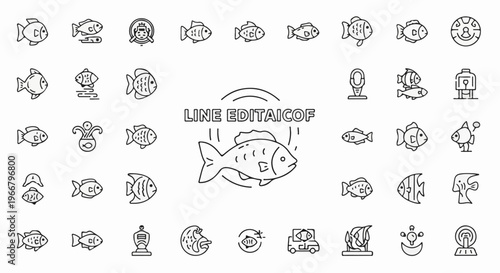 A grid of varied fish icons, including single fish, fish in water, and fish related objects
