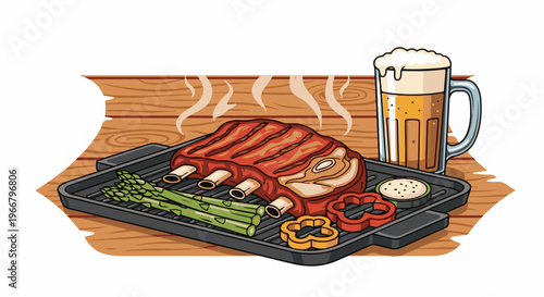 A grilled rack of ribs, asparagus, bell peppers, and a mug of beer on a grill