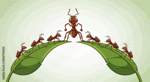 A group of ants gather on green leaves, led by a stern ant