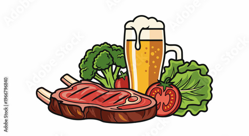 A grilled steak with vegetables and a beer