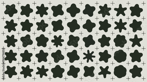 Seamless pattern of black star shapes on beige background with plus signs