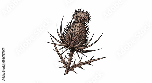 A detailed illustration of a thorny thistle plant on a white background