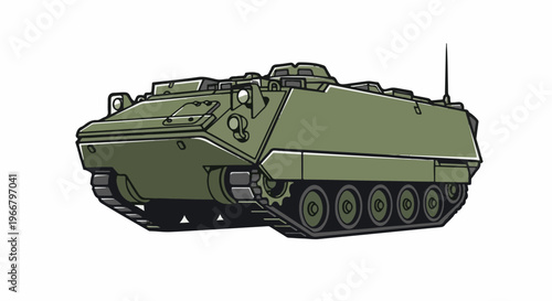A detailed illustration of an olive green armored personnel carrier vehicle