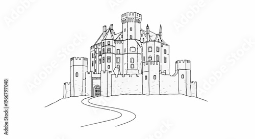 A detailed line drawing of a grand, multi-turreted castle on a hill