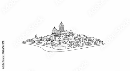 A detailed pen-and-ink sketch of a historic town with a prominent cathedral
