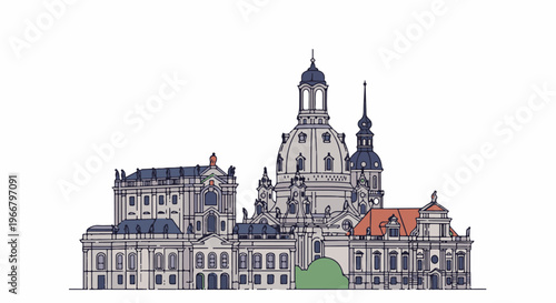 A detailed, stylized illustration of a grand European architectural complex with domes and spires