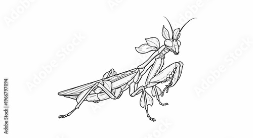 A detailed, stylized line drawing of a praying mantis