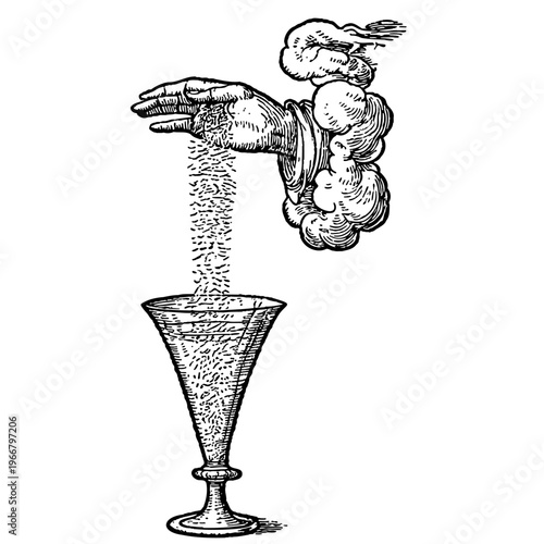 Vintage Hand Pouring Sand into Goblet, Alchemy Symbol Woodcut Engraving in Claude Paradin Style