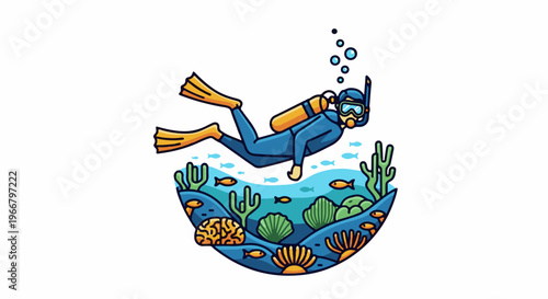 A diver explores a vibrant coral reef with small fish swimming around