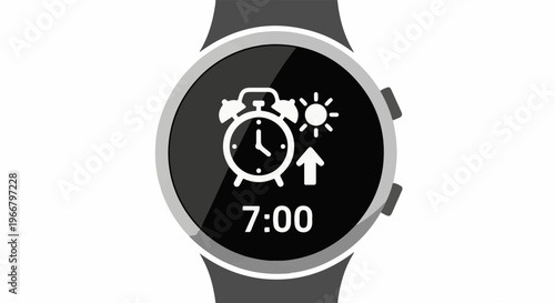 A digital watch displays an alarm icon, sun, and upward arrow at 700