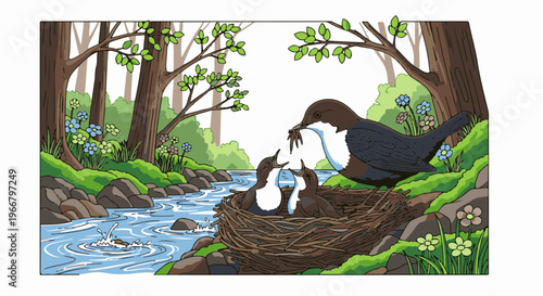 A dipper bird feeds its young in a nest beside a flowing forest stream