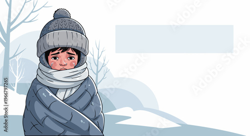 A distressed child wrapped in blankets on a snowy day