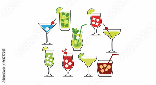A diverse collection of refreshing, colorful cocktail illustrations adorns the white background