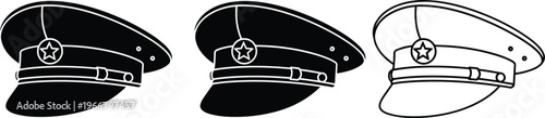 Peaked cap illustration set, uniform hat artwork design, military police vector motif, bold graphic icon, black white symbol