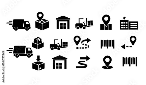 Modern logistics icons delivery truck package forklift warehouse and tracking symbols vector isolated on white