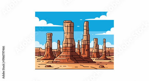 A desert landscape with towering rock formations under a blue sky with clouds