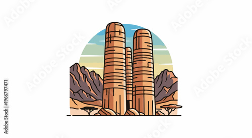 A desert landscape featuring striking rock formations and sparse trees under a striped sky