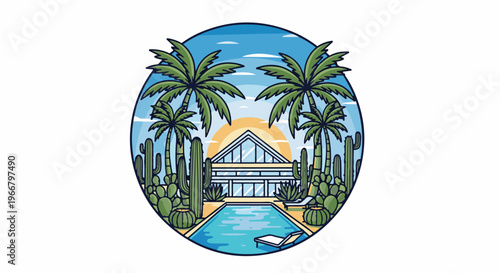 A desert oasis with a modern home, pool, palm trees, and cacti