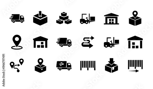 Minimal logistics and shipping icon set truck package forklift warehouse simple vector isolated on white background