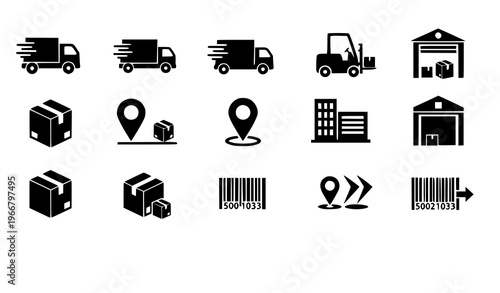 Logistics and shipping icon set truck package forklift warehouse tracking vector illustration isolated on white background