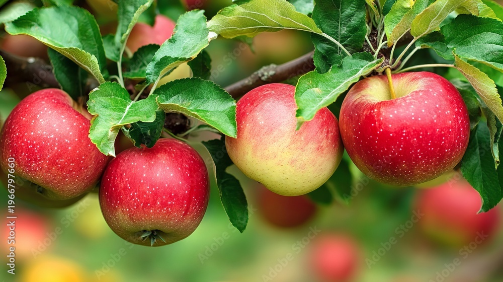 Obraz premium Vibrant Crimson Apples Hanging from Lush Green Trees, Ripening Under the Warm Summer Sunlight