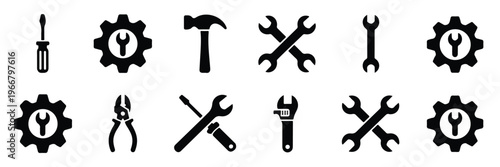 set of black silhouettes of tools for repair and maintenance work