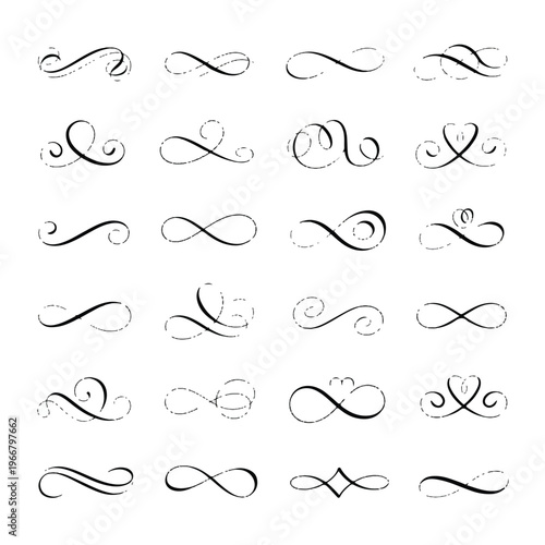 set of black swirls and curls for graphic design  various shapes and sizes