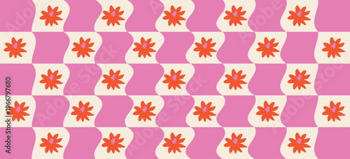Seamless Retro Checkered Floral Pattern – Whimsical Hand Drawn Dopamine Design for Joyful Branding