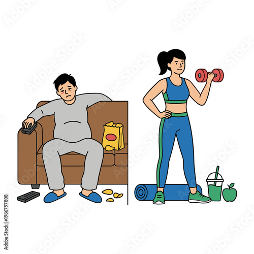 Woman exercises with dumbbells while man relaxes on couch with snacks