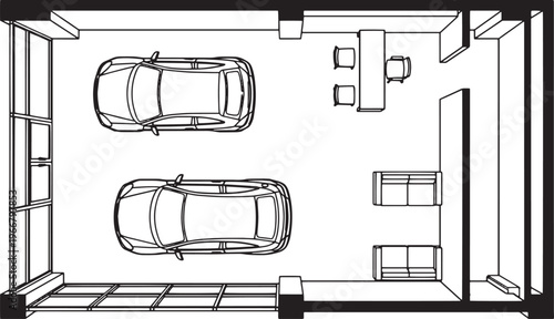 A detailed overhead view of a modern garage plan featuring a pair of vehicles, an office space with a desk and chairs, and a comfortable seating area. A blend of functionality and style.